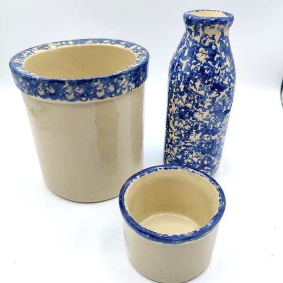 Alpine Pottery Ohio 1995 Blue Snow Cottage Hand Painted Winter Decor Set - Picture 9 of 11